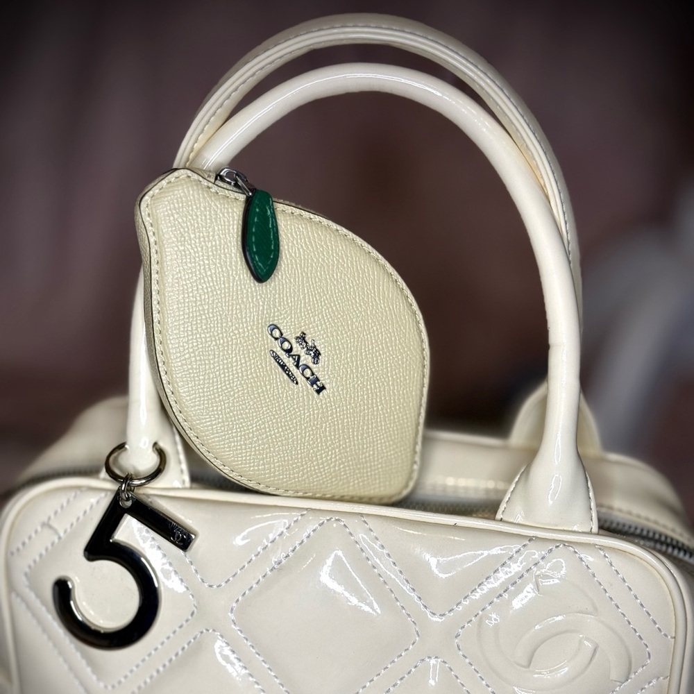 Coach Cream/White Patent Leather Top-Handle Shoulder Bag with Leaf Coin Pouch